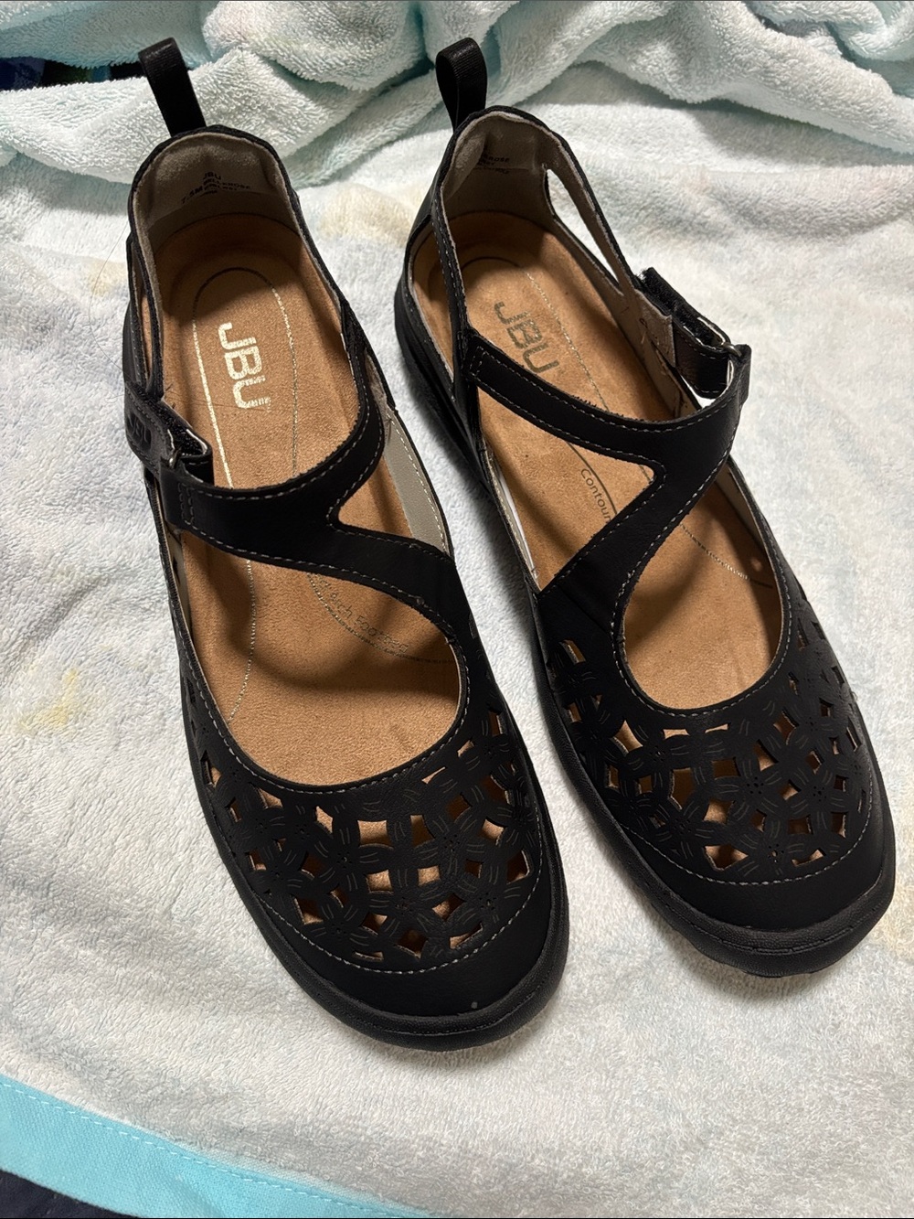 JBU Black Laser-Cut Mary Jane Mules with Buckle Strap